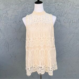 Xhilaration Cream Lace Sleeveless Mock Neck Lon Top Lined Scallop Hem M